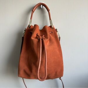 Halston Suede Bucket Bag in Rust Orange – Leather Trim, Shoulder Strap